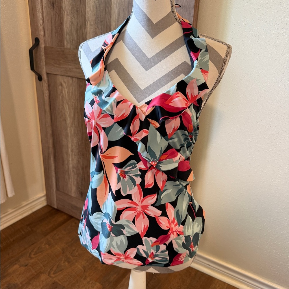 Aqua Couture Ruffled Tankini Swimsuit Top Tropical Floral medium black pink